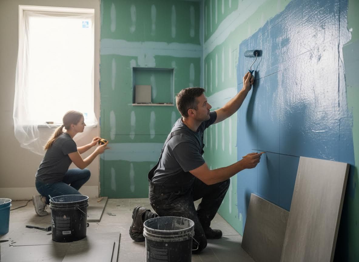 Man and Woman Waterproofing Bathroom Walls