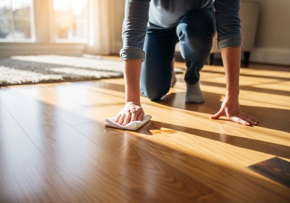 Woman cleaning wooden floor with cloth