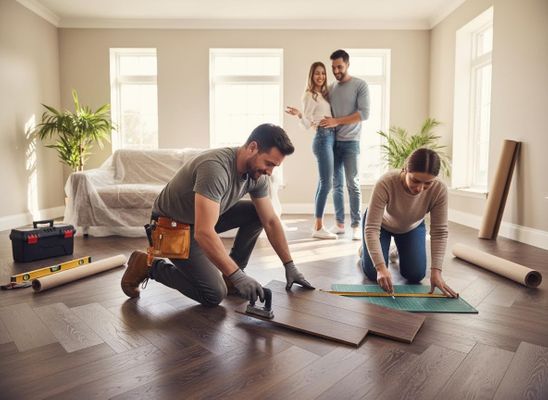 Couple installing dark wood laminate flooring