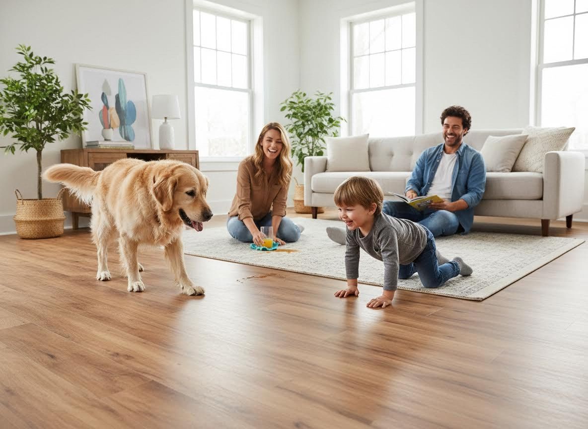 Family with golden retriever in a bright living room
