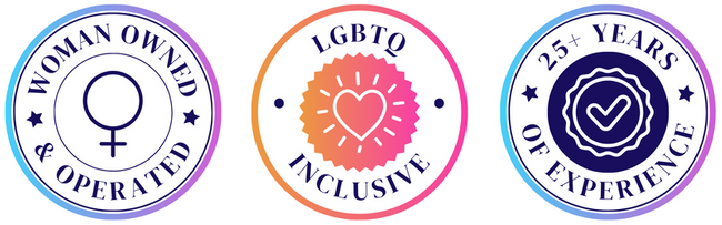 badges: woman owned & operated, lgbtq inclusive, 25+ years of experience