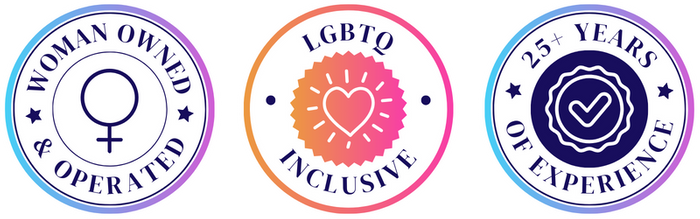 badges: woman owned & operated, lgbtq inclusive, 25+ years of experience