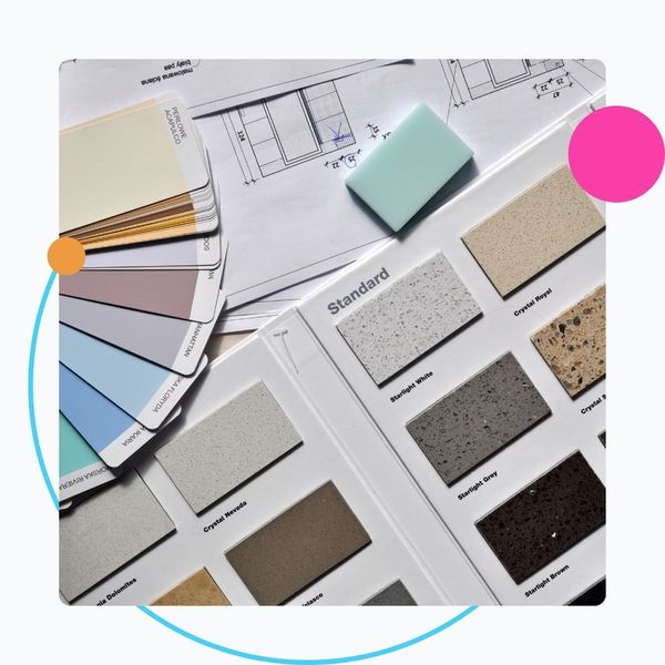 interior design swatches, paint colors and countertop materials