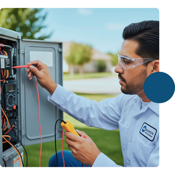 HVAC technician is servicing an outdoor air conditioning condenser unit. SANTA BARBARA 1.png
