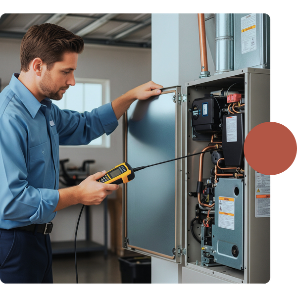 A professional HVAC technician is shown working on a gas furnace SANTA BARBARA 4.png
