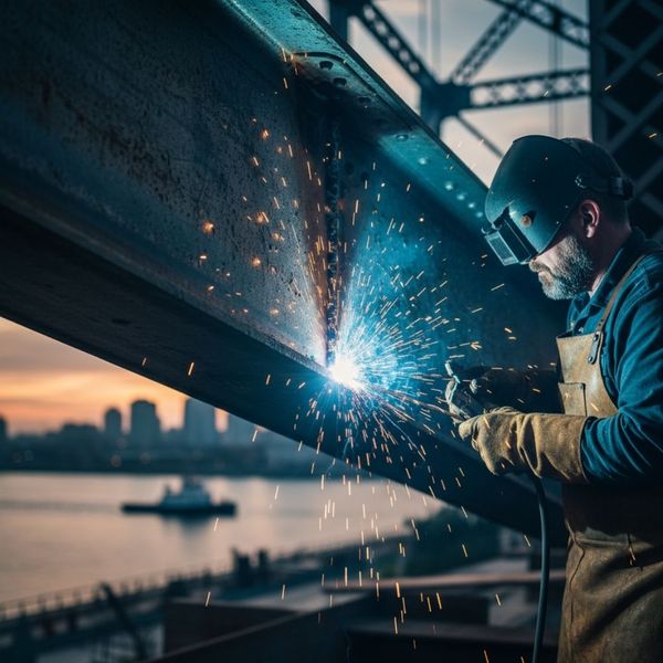 Close-up of a structural steel repair weld being performed by an expert.