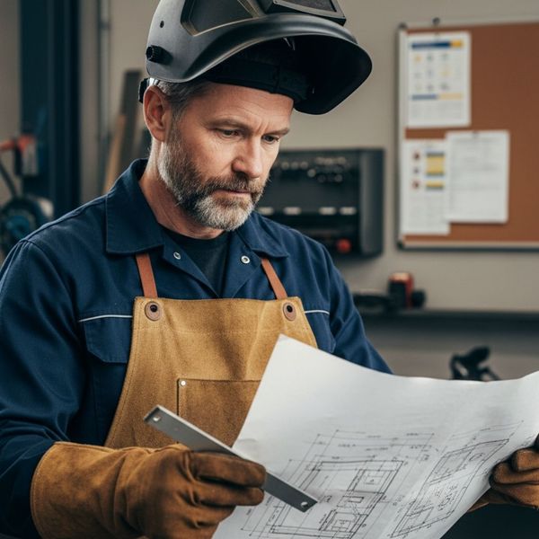 A certified welder carefully examines a blueprint before beginning work.