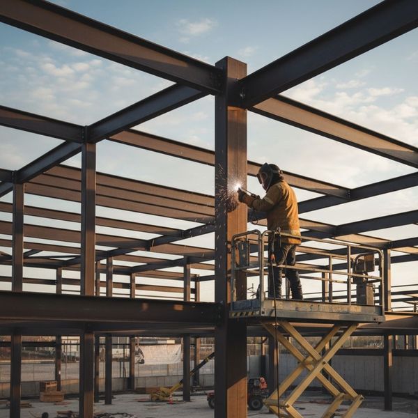 A welder in protective gear stands on a scissor lift, welding a vertical steel beam on the frame of a large commercial building.