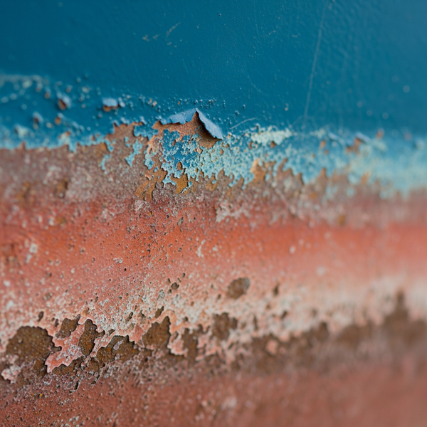 Close-up of corroded boat hull from harsh marine environment.