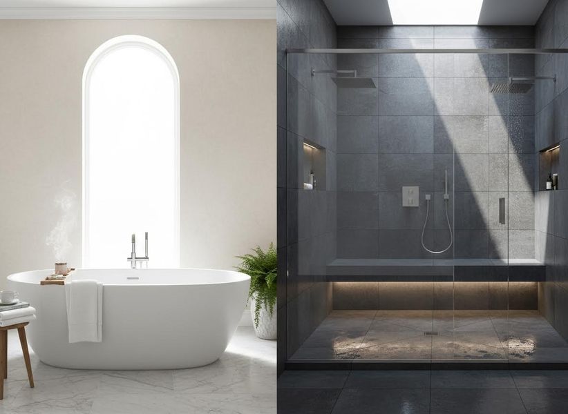 Left: bright bathroom with white freestanding tub, arched window. Right: dark grey tiled shower with glass, skylights. Modern Bathroom Design Comparison