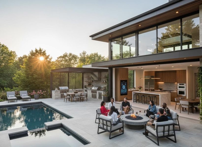 Diverse friends socialize around a fire pit on a luxurious patio with a pool, outdoor kitchen, and integrated smart home tech at sunset. Modern Smart Home Outdoor Living with Friends and Pool
