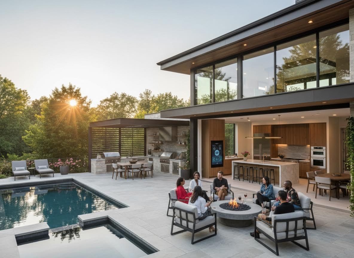 Modern Smart Home Outdoor Living with Friends and Pool