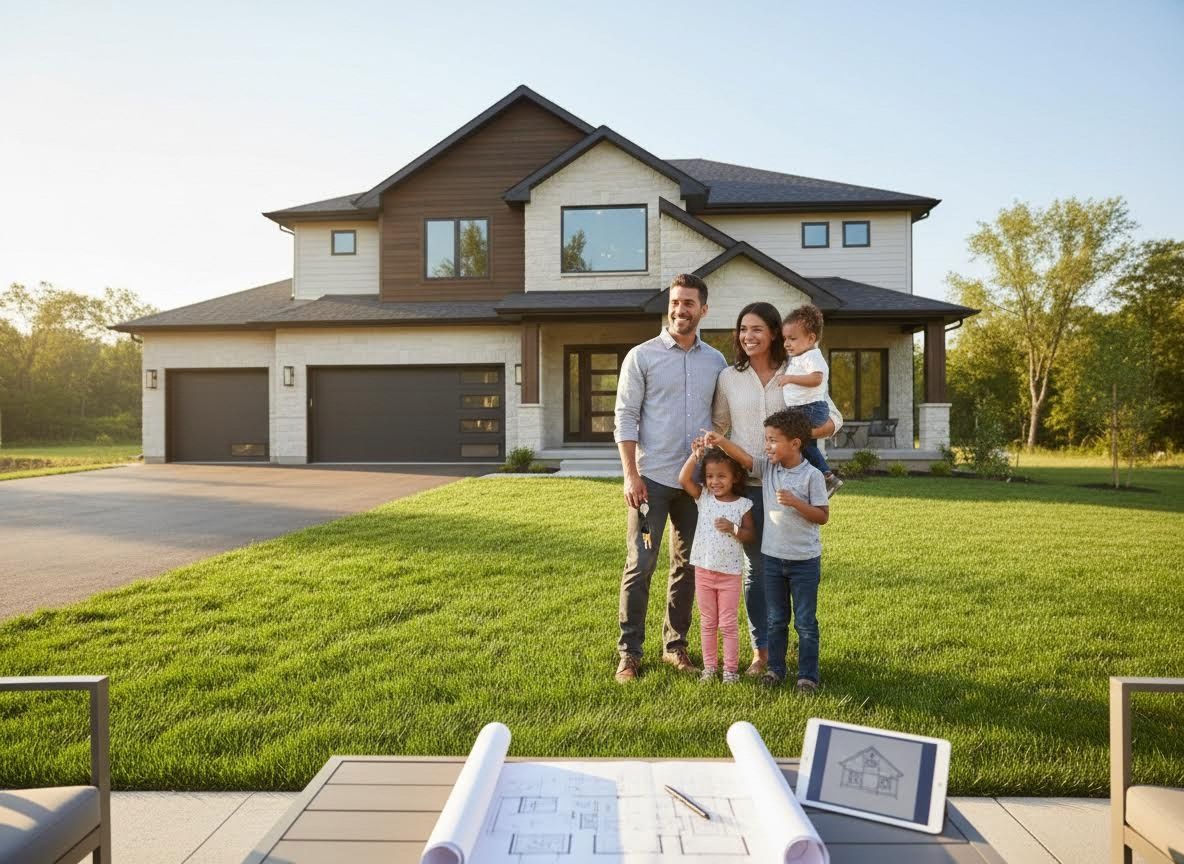 Happy Family in Front of Modern New Home