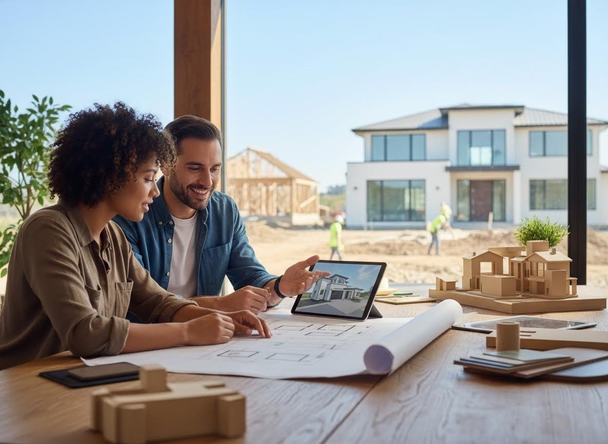 Couple reviewing new home construction plans and 3D rendering