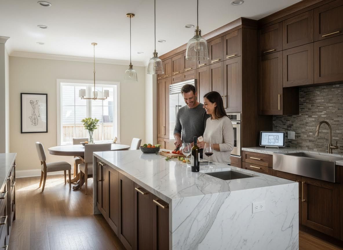 Couple preparing food in a modern kitchen with a large marble island