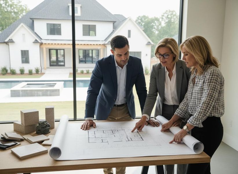 Three professionals, two women and one man, examine architectural floor plans on a table by a large window overlooking a modern house and pool. Architects or Real Estate Agents Reviewing Home Blueprints