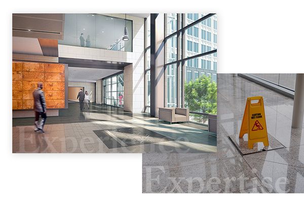 Experience & Expertise - collage of a nice office lobby with clean floors and caution when wet sign