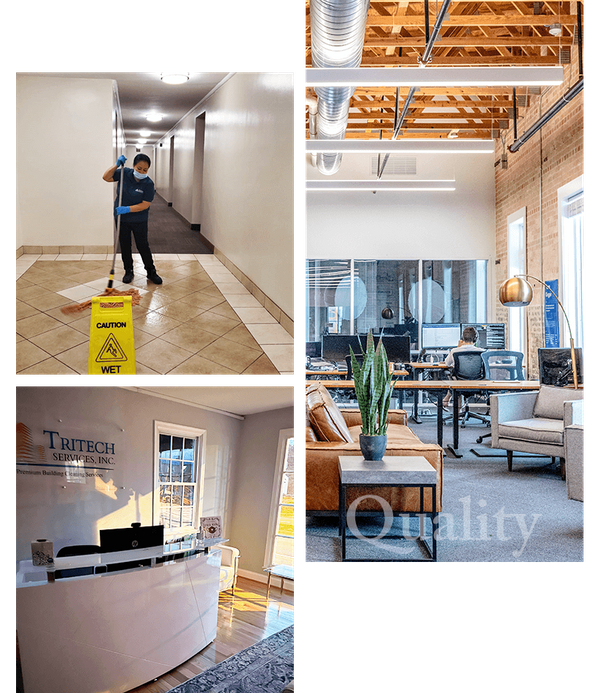 Quality - Collage of Tritech Service employee cleaning , office lobby, and an example of a cleaned office