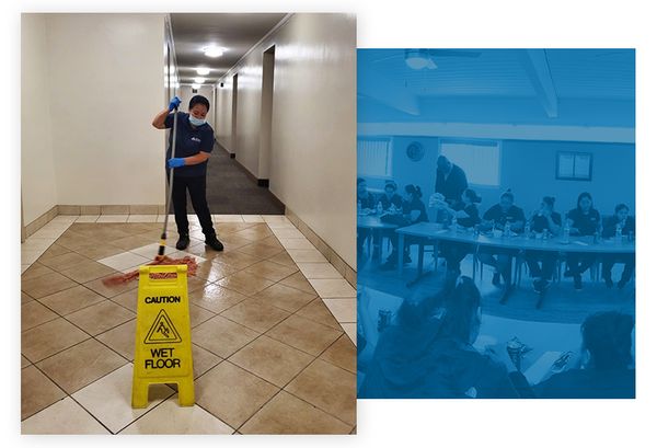 Tritech Services employee mopping a floor in an apartment building