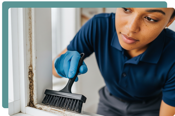 A uniformed cleaning professional meticulously cleaning the grooves of a window frame with a specialized tool, representing our team's detailed and expert approach to deep cleaning.