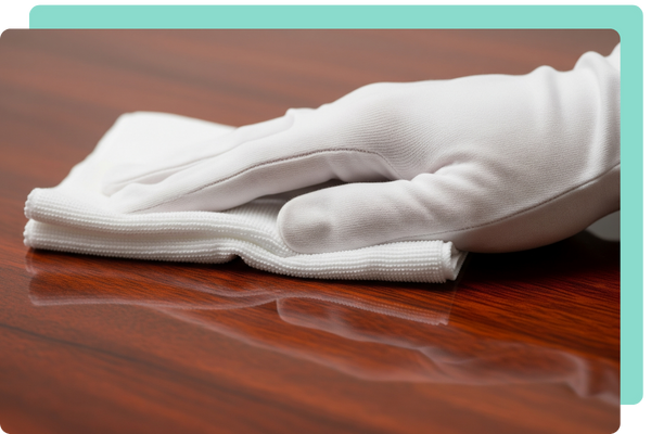 A close-up shot of a hand in a white glove meticulously wiping a gleaming, dark wood surface, reflecting the high-quality, detailed approach of our standard cleaning.