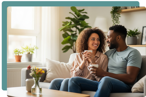 A relaxed couple enjoying coffee in their bright and tidy living room, embodying the peace of mind and comfort that comes from our professional home cleaning services.