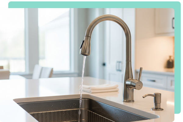 A sparkling clean, modern kitchen faucet and sink, with the pristine white countertop gleaming to showcase our detailed cleaning in high-traffic areas.