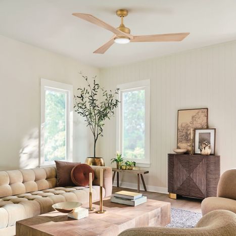 Living room with modern wood ceiling fan.