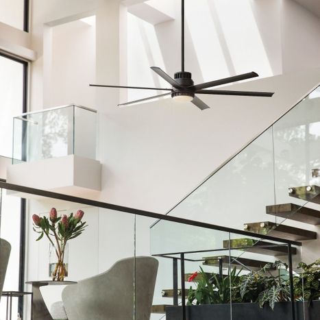 Ceiling fan hanging down in modern foyer.