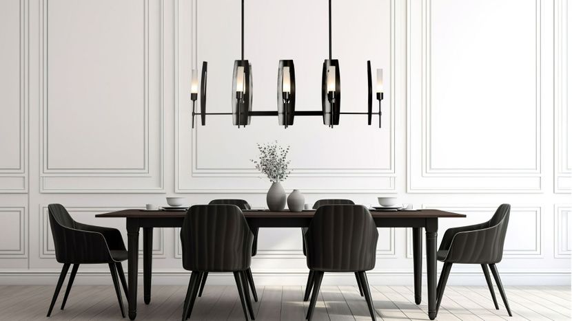bold black-and-white dining room, prominent modern chandelier