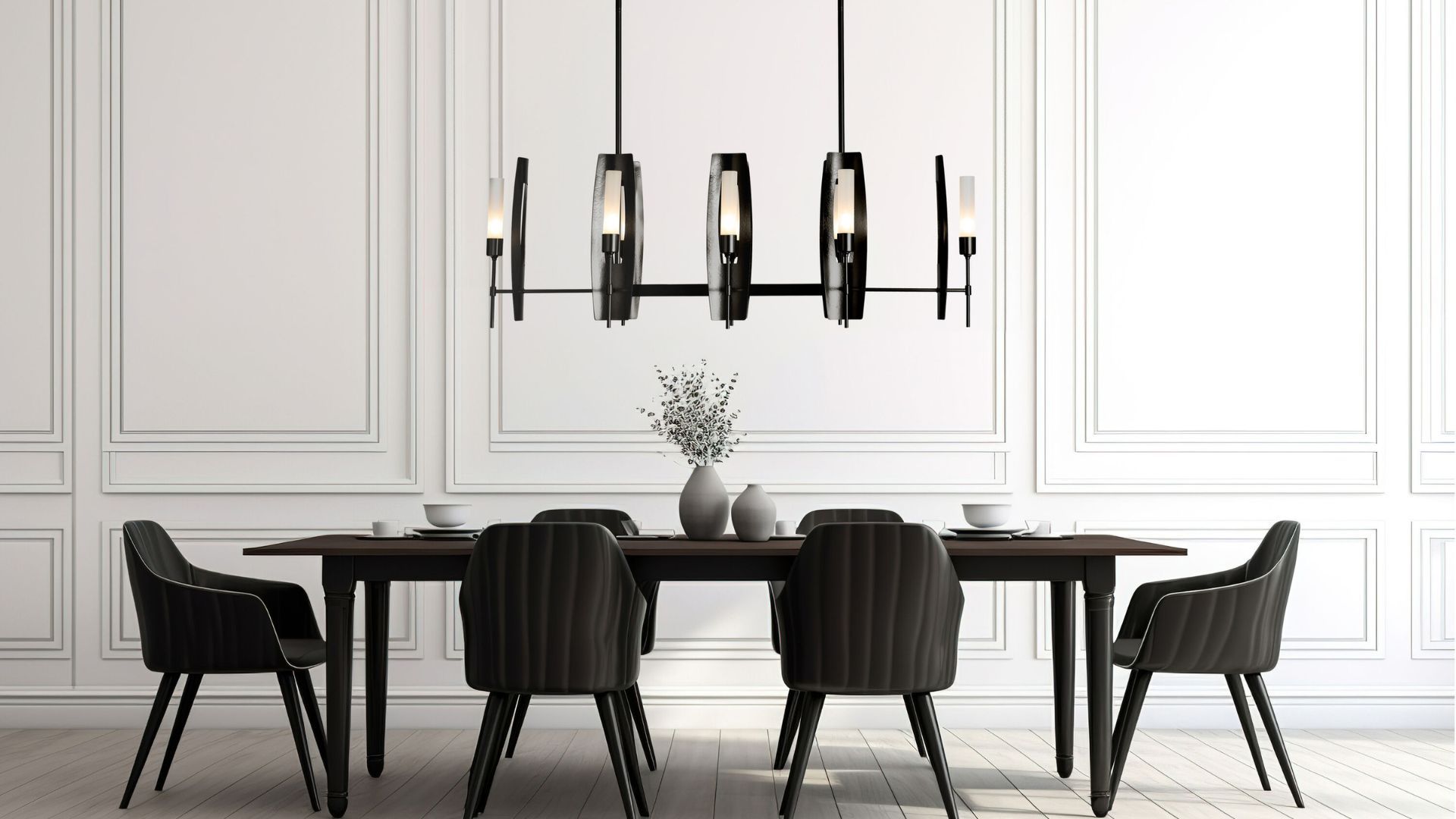 bold black-and-white dining room, prominent modern chandelier