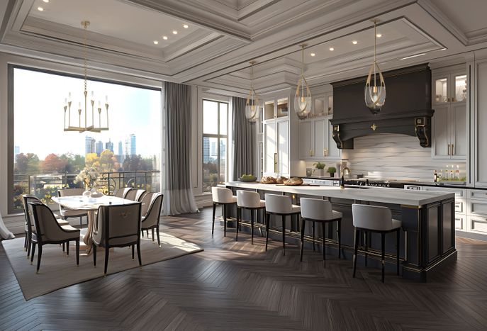 Large kitchen with brown wooden floors and white countertops and hanging lights