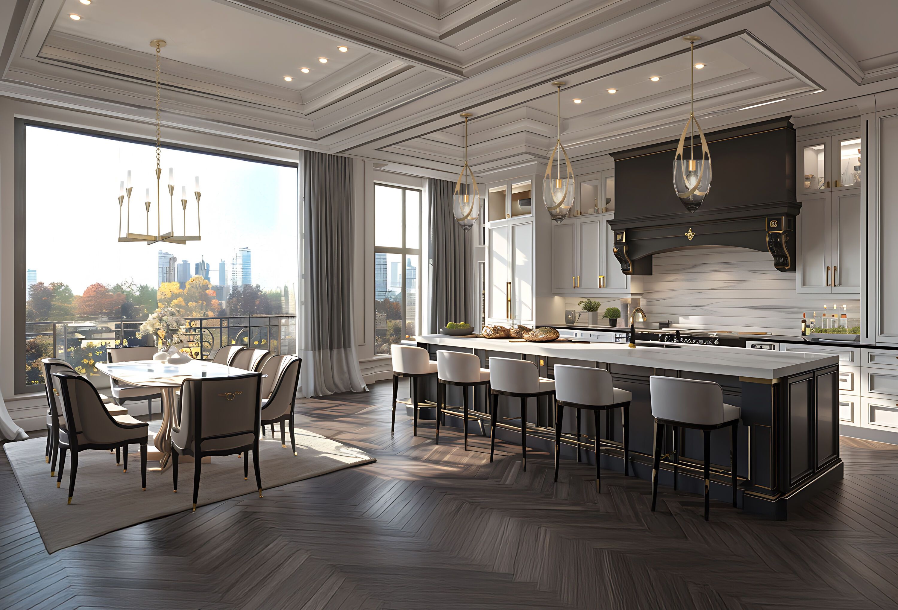 Large kitchen with brown wooden floors and white countertops and hanging lights