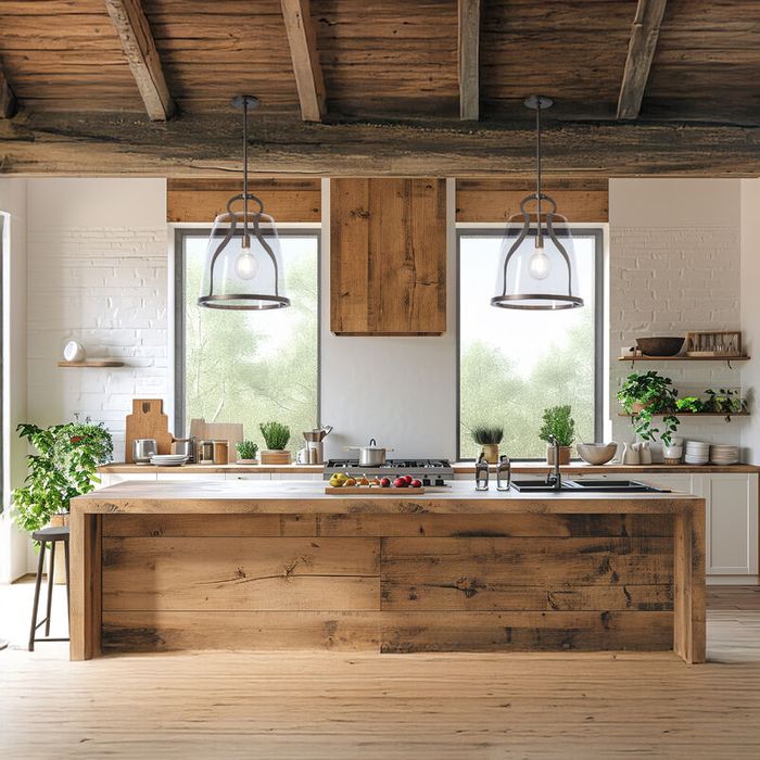 hanging lights over a wooden kitchen island