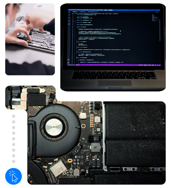 Professional tech services collage featuring laptop hardware maintenance, cooling fan repair, and software programming code.