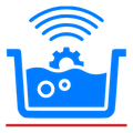 Blue line icon depicting water damage restoration services with a gear and Wi-Fi signal inside a liquid container.
