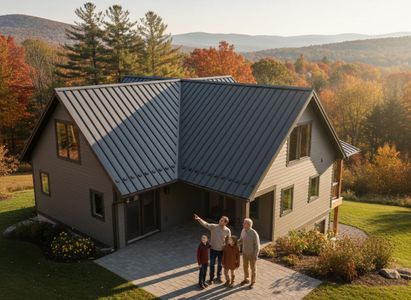 Aerial view of a modern house with a dark metal roof. A family stands on a patio, admiring their home, with vibrant fall foliage and mountains. Family at Modern Home with Metal Roof in Autumn