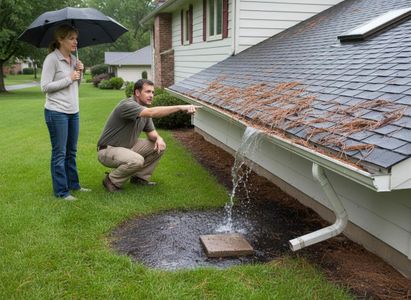A man points at a house gutter clogged with pine needles, overflowing with water onto a muddy patch, observed by a woman with an umbrella. Man and woman inspecting clogged gutter during rain