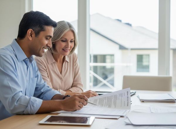 Diverse couple reviewing documents at home