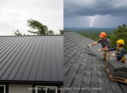 Split image contrasting a robust metal roof under wind with roofers inspecting a damaged shingle roof during a lightning storm. Metal Roof vs. Damaged Shingle Roof during Storm