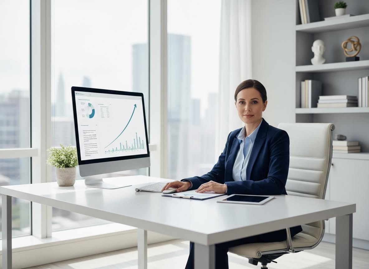 agent reviewing clean, minimalist data charts and an upward-climbing business growth graph