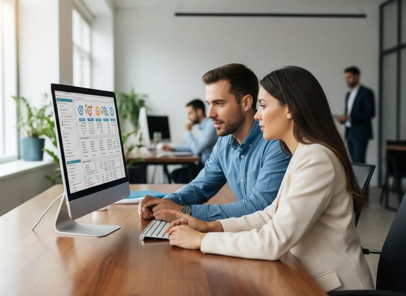 insurance agents looking at a computer screen