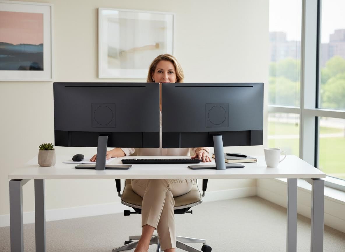 professional insurance agency owner sitting at a clean, minimalist executive desk.