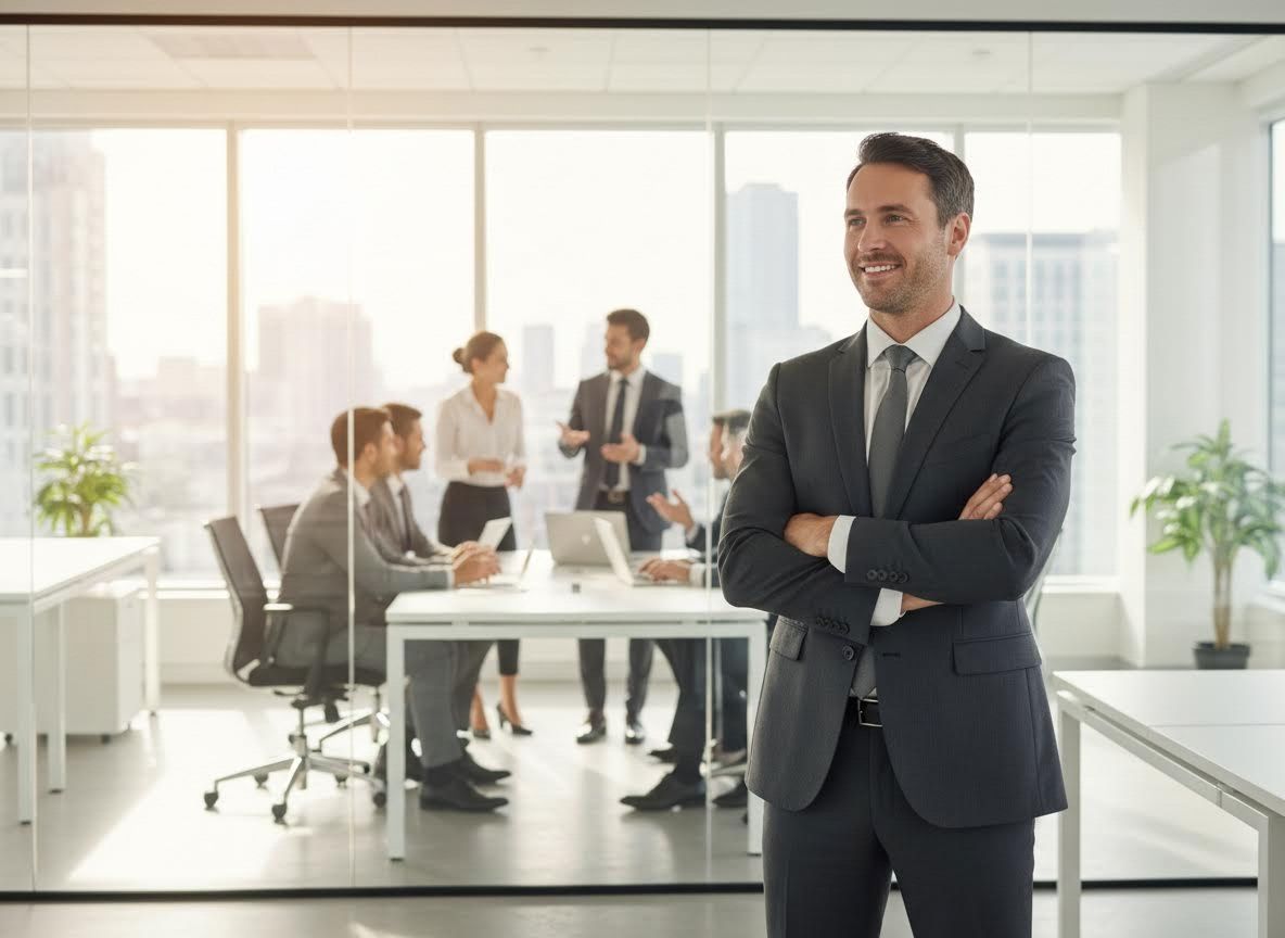 an insurance agency executive standing in a modern, sunlit corporate office
