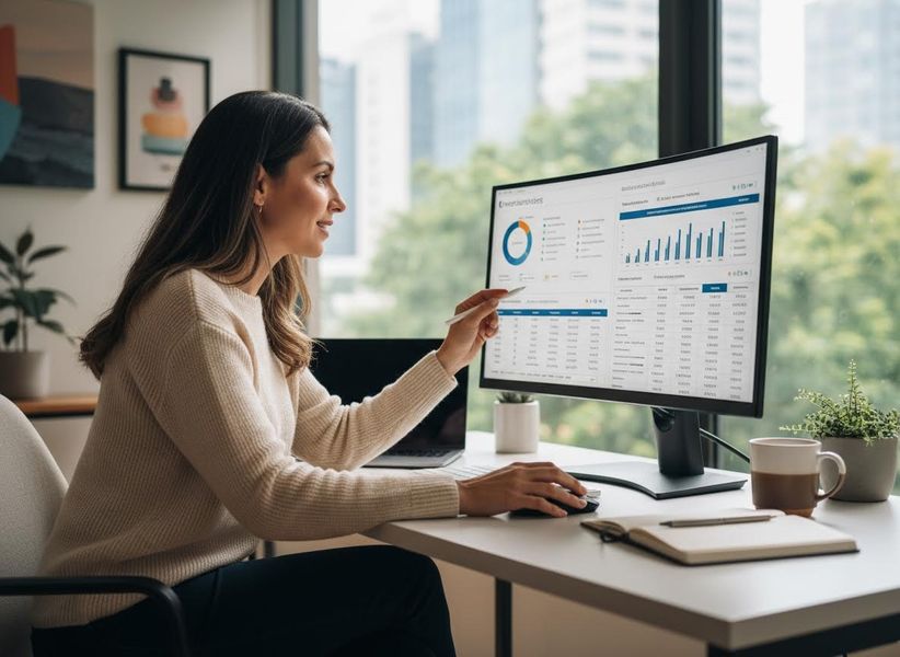 insurance agent looking at a report on a computer