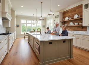 Family in a spacious, modern kitchen with a large island