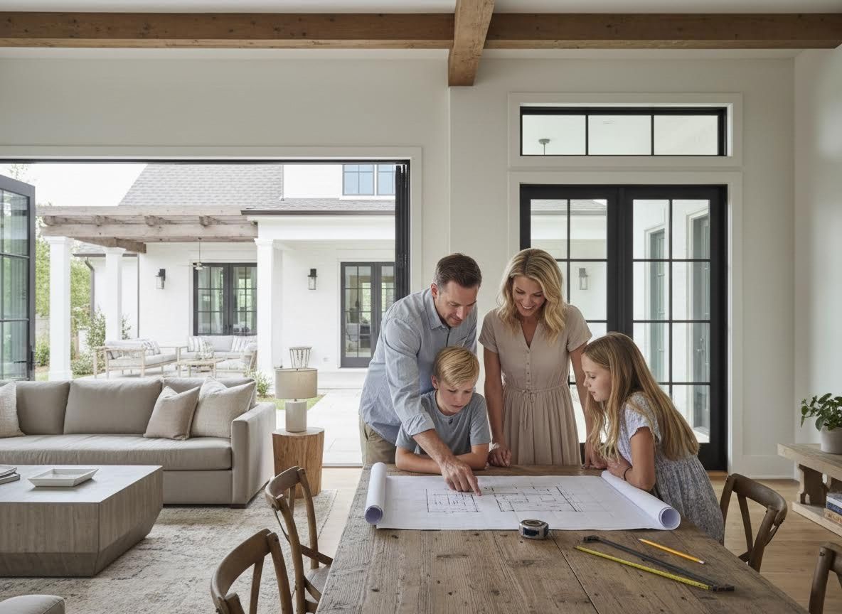 Family reviewing home blueprints in a modern living space