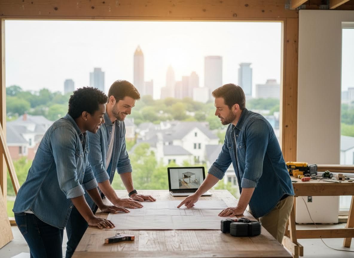 Diverse Team of Architects or Builders Reviewing Blueprints and 3D Model