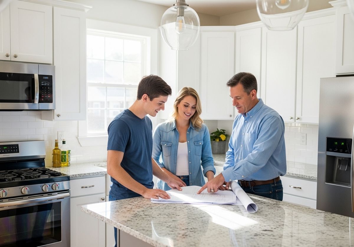 Family reviewing blueprints in kitchen