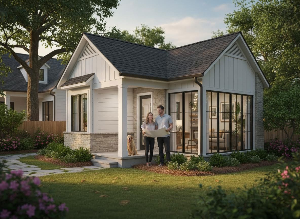 Couple with dog reviewing blueprints outside a modern home
